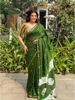 Nyri - Printed Cotton Blend Saree - Green