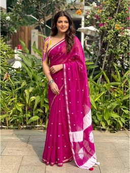 Nyri - Printed Cotton Blend Saree - Pink