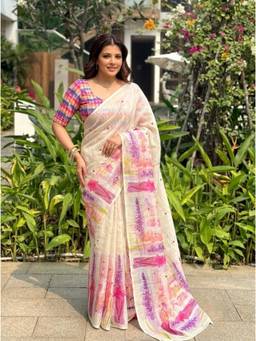 Nyri - Printed Cotton Blend Saree - Multi-Color