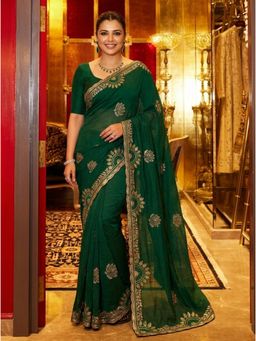 Nyri - Embellished Embroidered Sequinned Chiffon Saree - Green