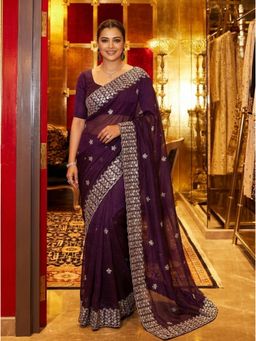 Nyri - Embellished Embroidered Sequinned Chiffon Saree - Purple