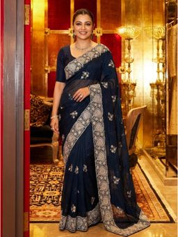 Nyri - Embellished Embroidered Sequinned Chiffon Saree - Navy Blue