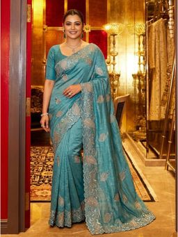 Nyri - Embellished Embroidered Sequinned Chiffon Saree - Turquoise