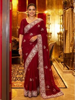 Nyri - Embellished Embroidered Sequinned Chiffon Saree - Maroon