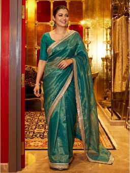 Nyri - Embellished Embroidered Sequinned Net Saree - Green