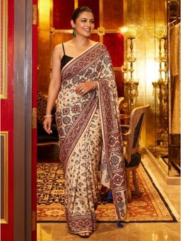 Nyri - Embellished Mirrorwork Ajrak Modal Silk Saree - Cream