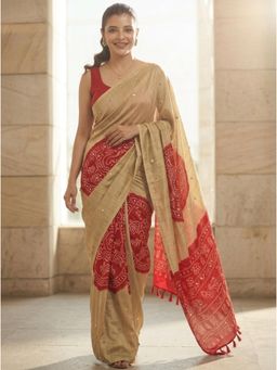 Nyri - Embellished Mirrorwork Ajrak Modal Silk Saree - Beige
