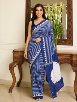 Nyri - Embellished Mirrorwork Ajrak Modal Silk Saree - Blue