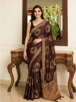 Nyri - Embellished Mirrorwork Ajrak Modal Silk Saree - Brown