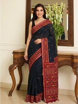 Nyri - Embellished Mirrorwork Ajrak Modal Silk Saree - Black