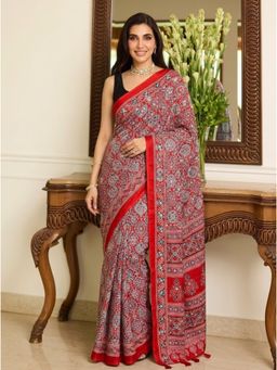 Nyri - Embellished Mirrorwork Ajrak Modal Silk Saree - Red