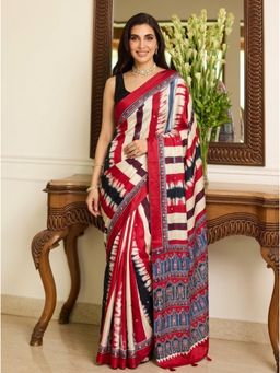 Nyri - Embellished Mirrorwork Ajrak Modal Silk Saree - Multi-Color