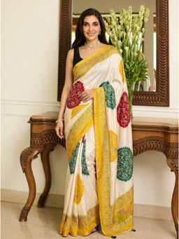 Nyri - Embellished Ajrak Modal Silk Saree - Cream