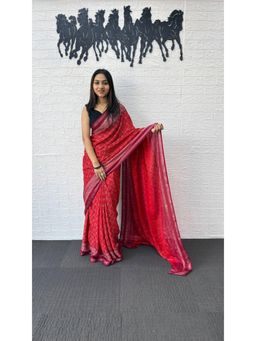 Nyri - Embellished Mirrorwork Ajrak Modal Silk Saree - Red