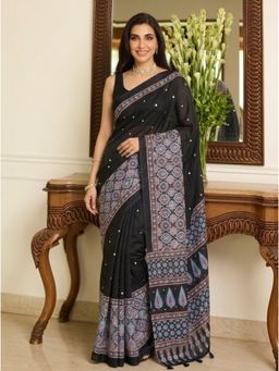Nyri - Embellished Mirrorwork Ajrak Modal Silk Saree - Black