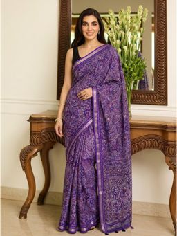 Nyri - Embellished Mirrorwork Ajrak Modal Silk Saree - Purple