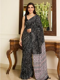 Nyri - Embellished Mirrorwork Ajrak Modal Silk Saree - Black