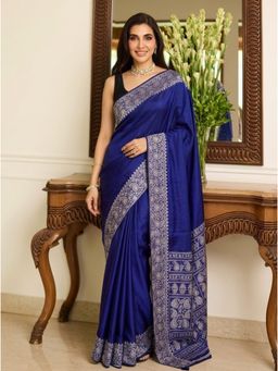 Nyri - Printed Ajrak Modal Silk Saree - Navy Blue