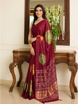 Nyri - Embellished Mirrorwork Ajrak Modal Silk Saree - Maroon
