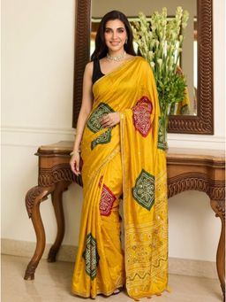 Nyri - Embellished Mirrorwork Ajrak Modal Silk Saree - Yellow