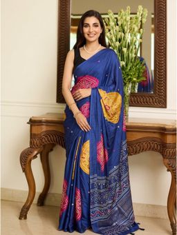 Nyri - Embellished Mirrorwork Ajrak Modal Silk Saree - Blue