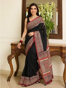 Nyri - Printed Ajrak Modal Silk Saree - Black