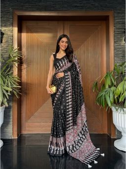 Nyri - Embellished Mirrorwork Ajrak Modal Silk Saree - Black