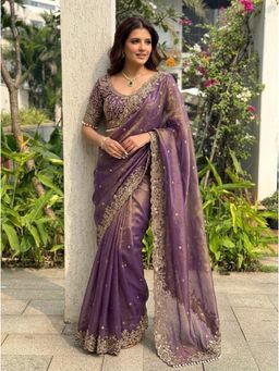 Nyri - Embellished Embroidered Sequinned Zari Satin Saree - Purple