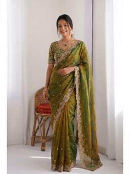 Nyri - Embellished Embroidered Sequinned Zari Satin Saree - Green