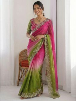 Nyri - Embellished Embroidered Sequinned Zari Satin Saree - Multi-Color