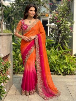 Nyri - Embellished Embroidered Sequinned Zari Satin Saree - Multi-Color