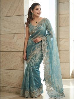 Nyri - Embellished Embroidered Sequinned Zari Satin Saree - Blue