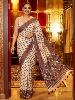 Nyri - Embellished Mirrorwork Ajrak Modal Silk Saree - Cream