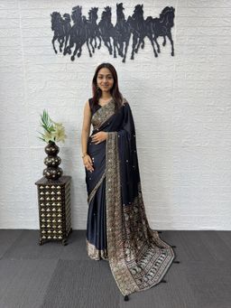 Nyri - Ajrak Printed Mirrorwork Silk Blend Saree - Black