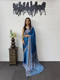Nyri - Ajrak Printed Mirrorwork Silk Blend Saree - Blue