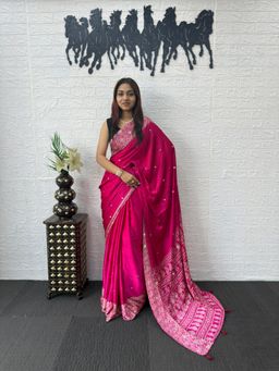 Nyri - Ajrak Printed Mirrorwork Silk Blend Saree - Pink