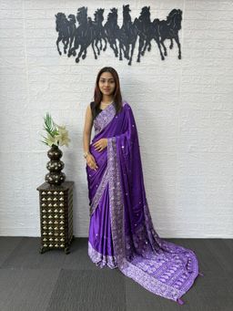 Nyri - Ajrak Printed Mirrorwork Silk Blend Saree - Purple