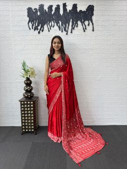 Nyri - Ajrak Printed Mirrorwork Silk Blend Saree - Red