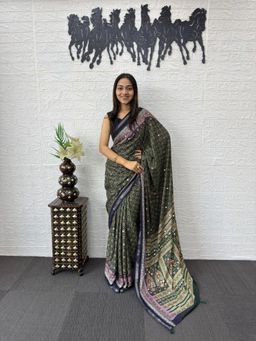 Nyri - Ajrak Printed Mirrorwork Silk Blend Saree - Black