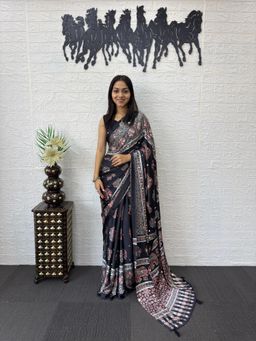 Nyri - Ajrak Printed Mirrorwork Silk Blend Saree - Black