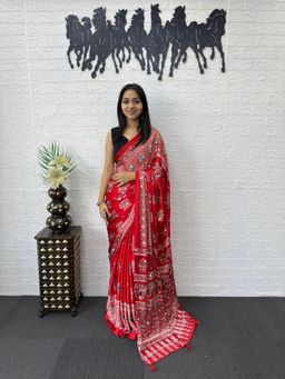 Nyri - Ajrak Printed Mirrorwork Silk Blend Saree - Red