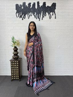 Nyri - Ajrak Printed Mirrorwork Silk Blend Saree - Black