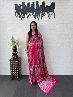 Nyri - Ajrak Printed Mirrorwork Silk Blend Saree - Pink