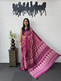 Nyri - Ajrak Printed Mirrorwork Silk Blend Saree - Wine