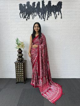 Nyri - Ajrak Printed Mirrorwork Silk Blend Saree - Red