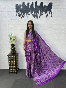Nyri - Ajrak Printed Mirrorwork Silk Blend Saree - Purple