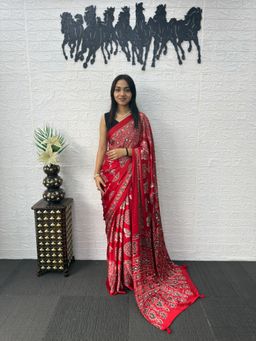 Nyri - Ajrak Printed Mirrorwork Silk Blend Saree - Red