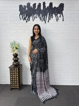 Nyri - Ajrak Printed Mirrorwork Silk Blend Saree - Black