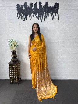 Nyri - Ajrak Printed Mirrorwork Silk Blend Saree - Mustard