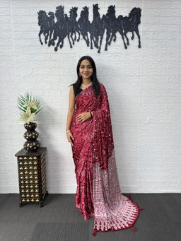 Nyri - Ajrak Printed Mirrorwork Silk Blend Saree - Red